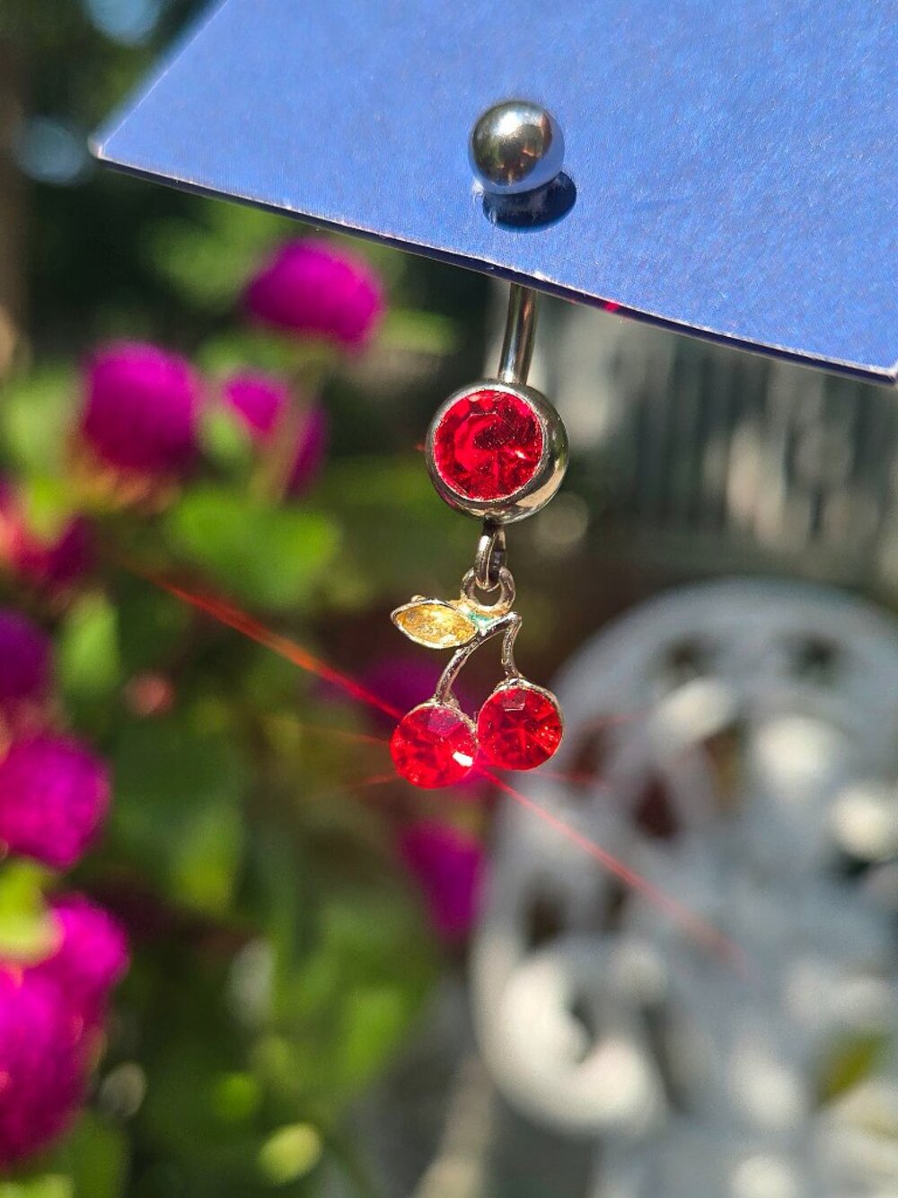 🍒 NWT Red Rhinestone Cherry Dangle Belly Button Ring - 316L Surgical Steel
